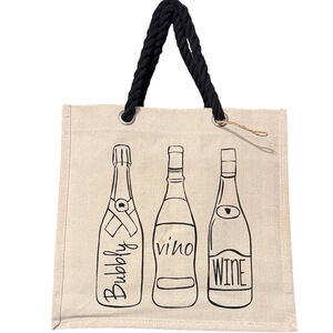 Canvas Wine Tote with Black Handles Holds 6 Bottles